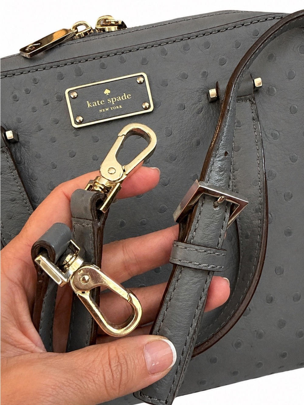 KATE SPADE New York Gray Ostrich-Embossed Leather Dome Satchel Crossbody Bag - Picture 6 of 16